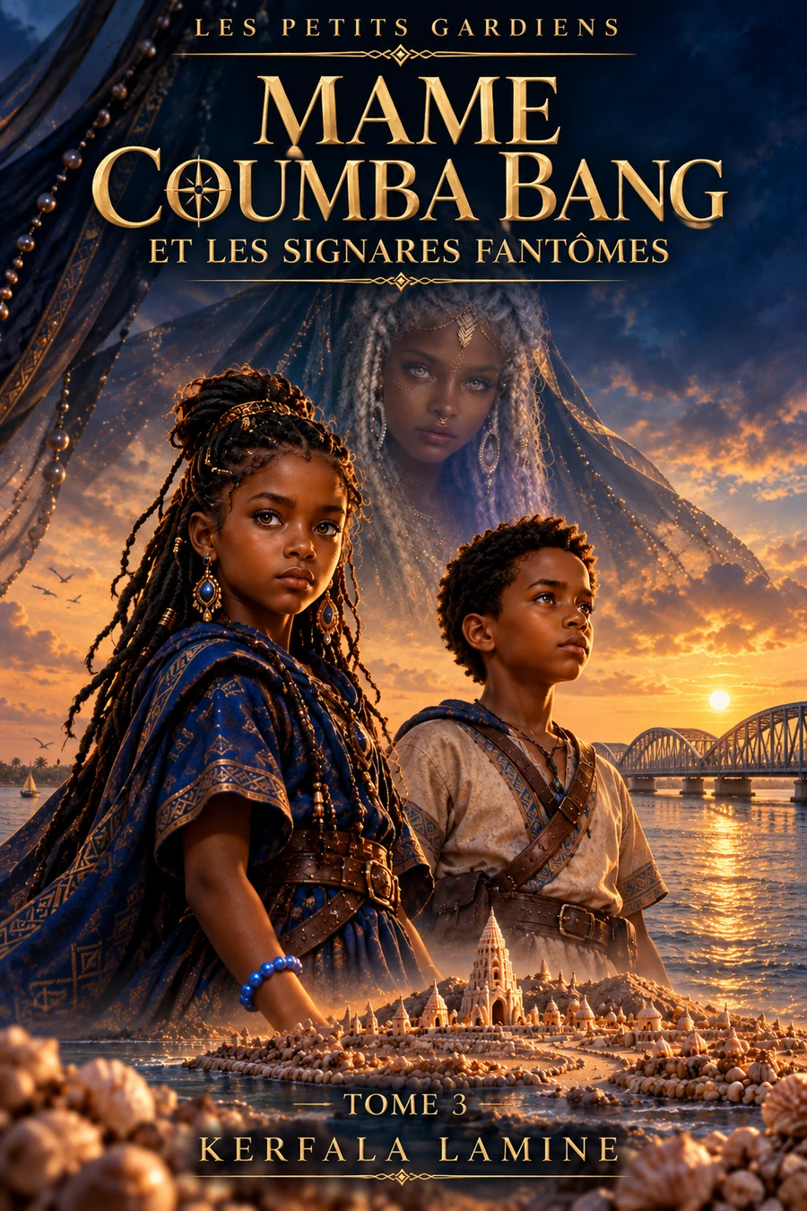 Couverture du Tome 3 avec Kira, Zani et Nayé, au-dessus de la ville de coquillages